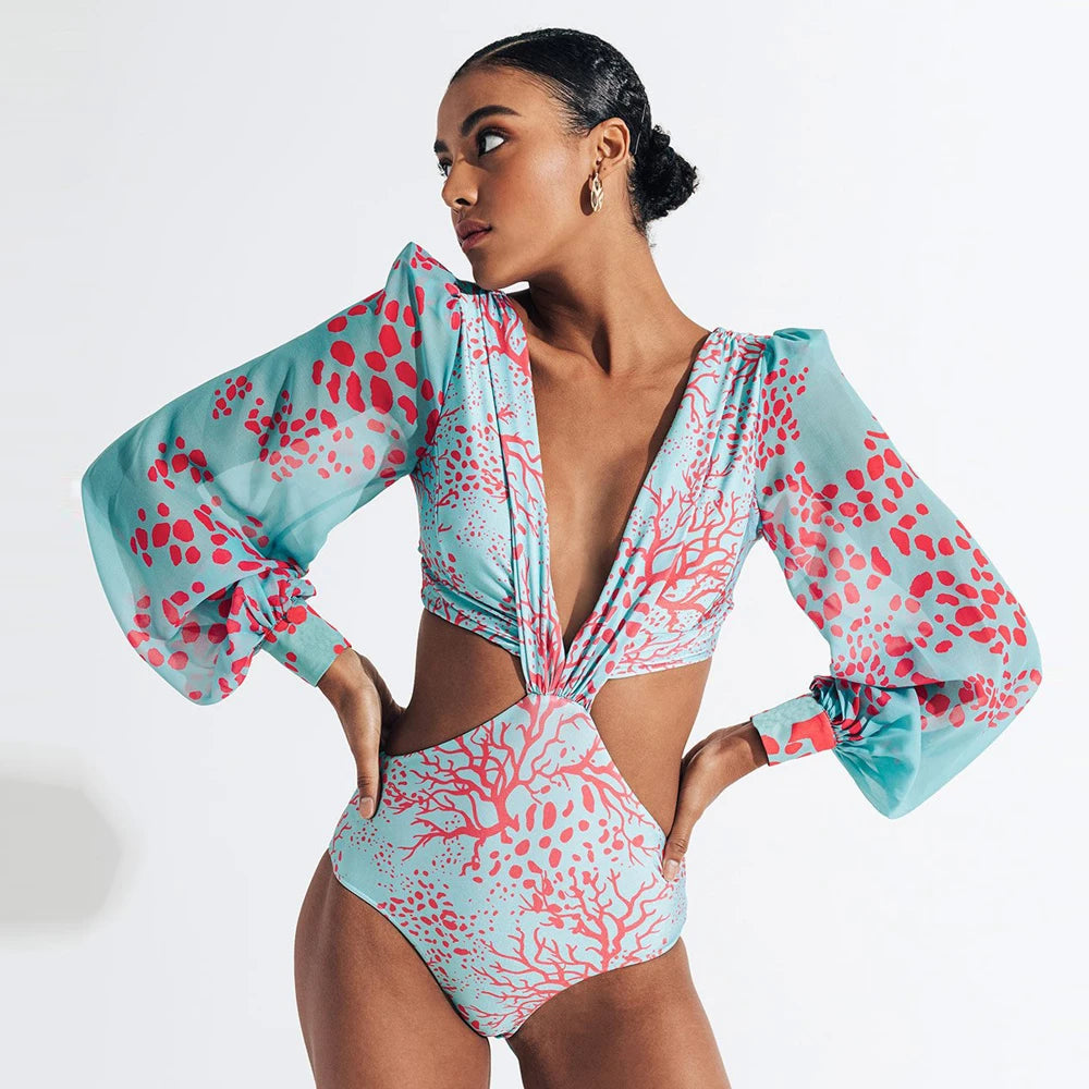 Hollow Long Sleeve Monokini Swimsuit