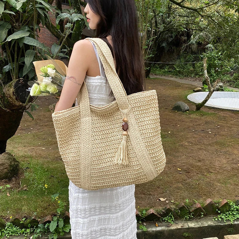 Tassel Straw Weave Travel Tote