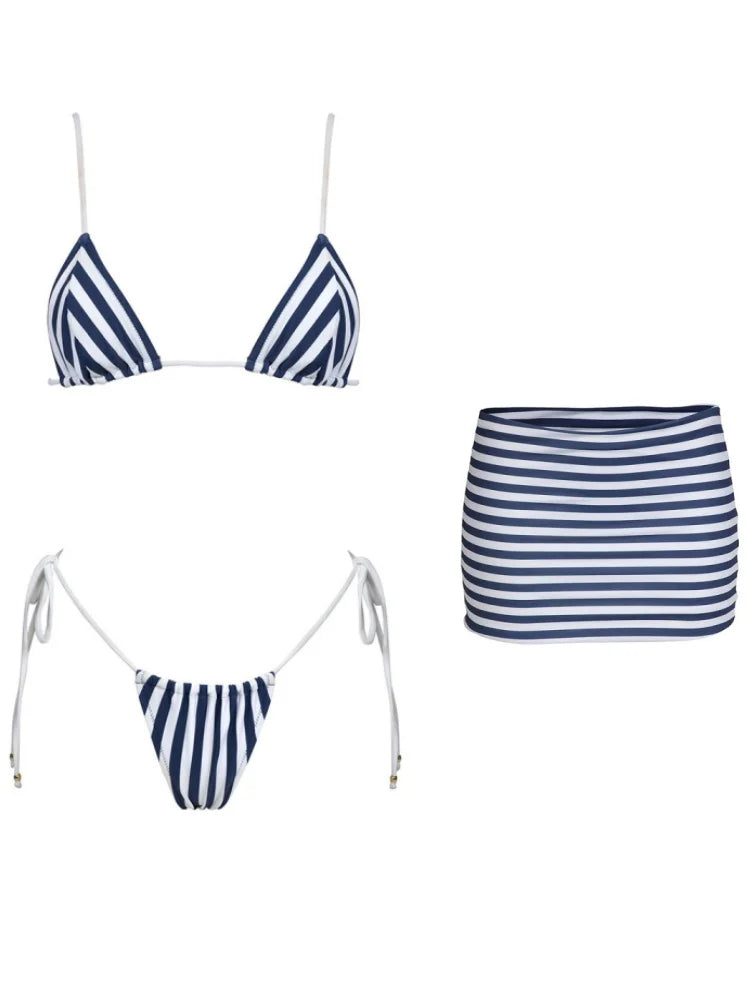 Striped Three Piece Bikini Set