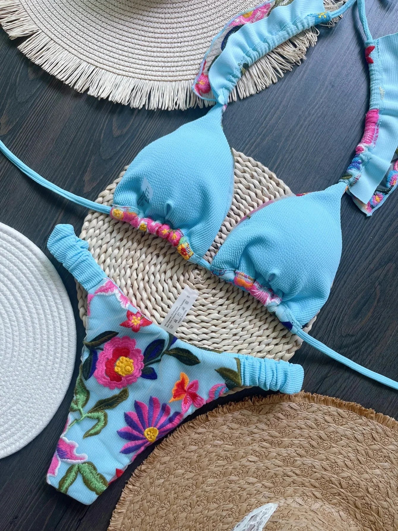 Embroidered Triangle Bikini Set