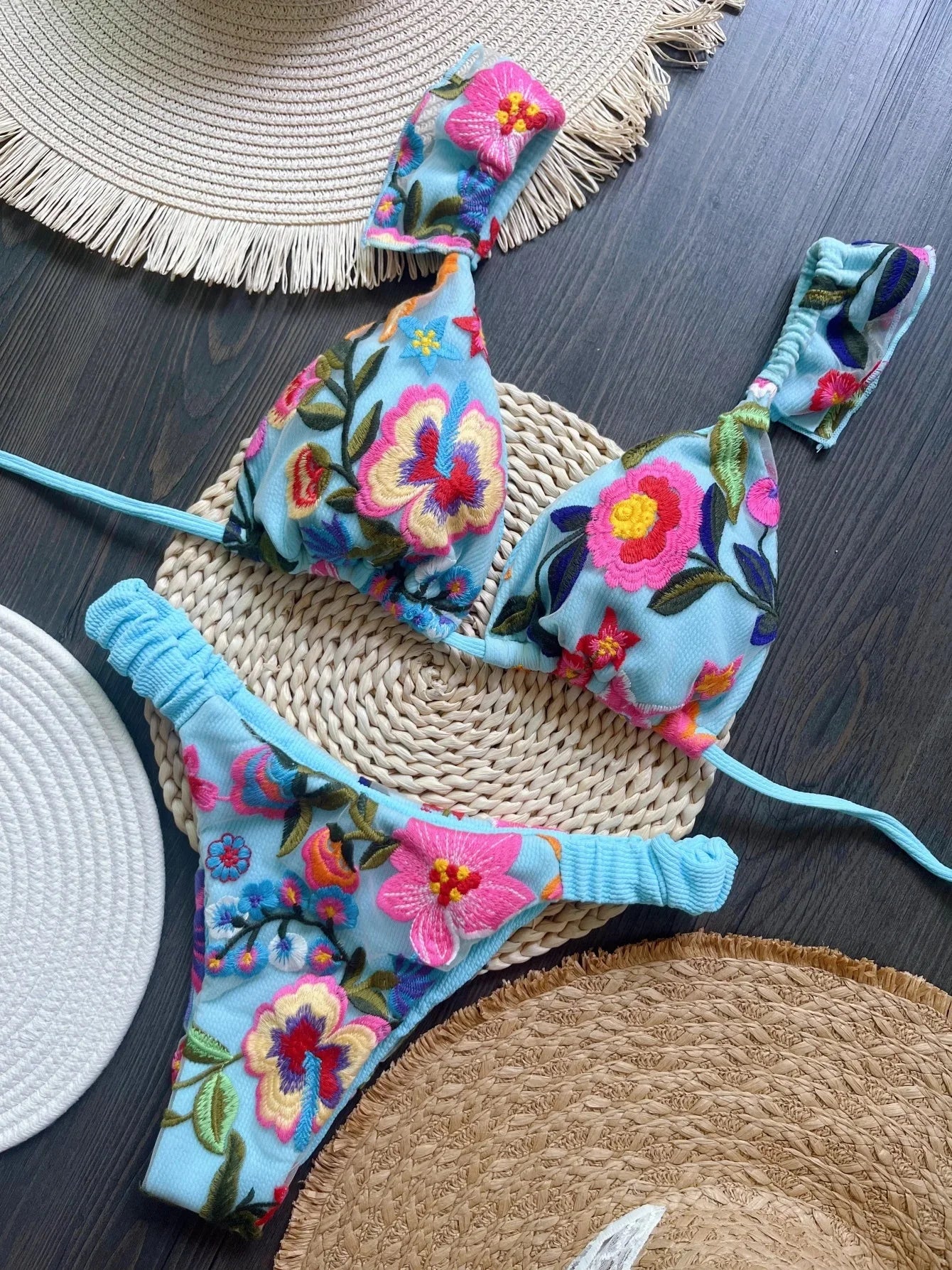 Embroidered Triangle Bikini Set