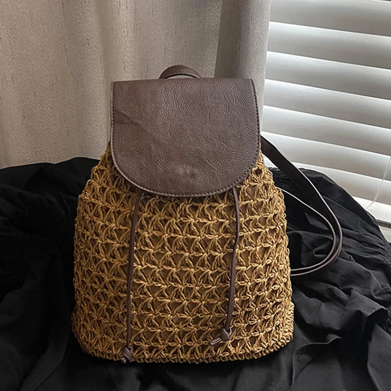 Crochet Straw Backpack Beach Bag