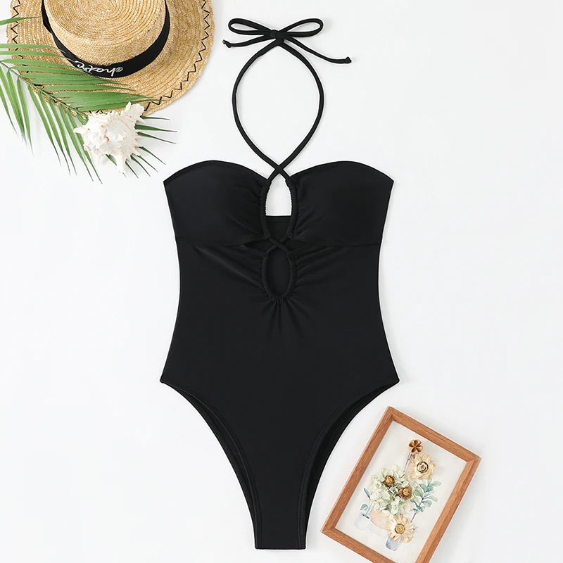 Solid Bandeau One Piece Swimsuit