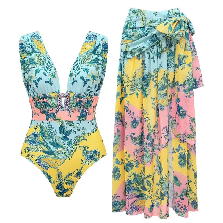 V Neck Skirted Swimsuit Set