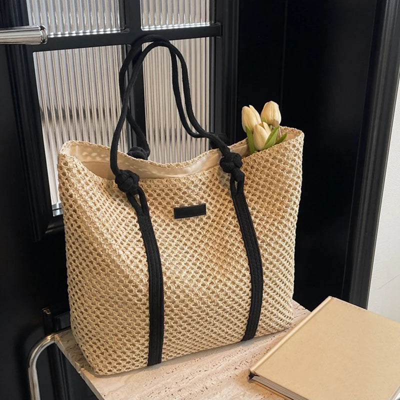 Solid Woven Straw Tote Bag