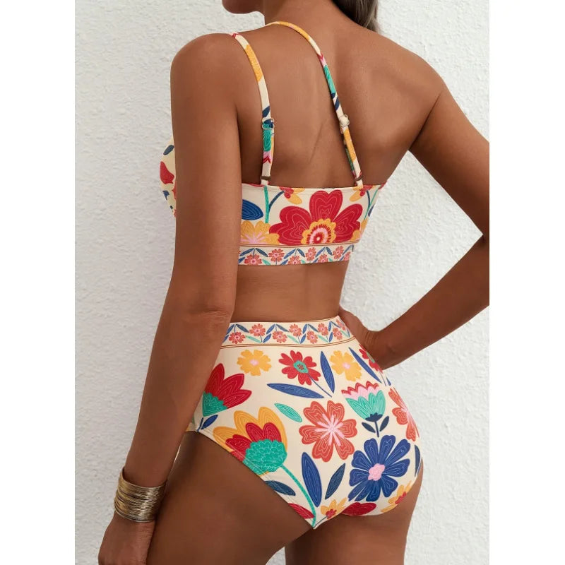 One Shoulder Floral Bikini Set