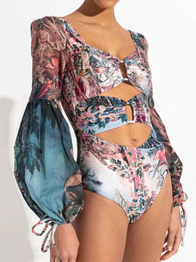 Retro Long Sleeve Floral Swimsuit