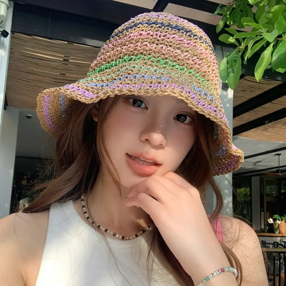 Rainbow Stripe Straw Beach Hat