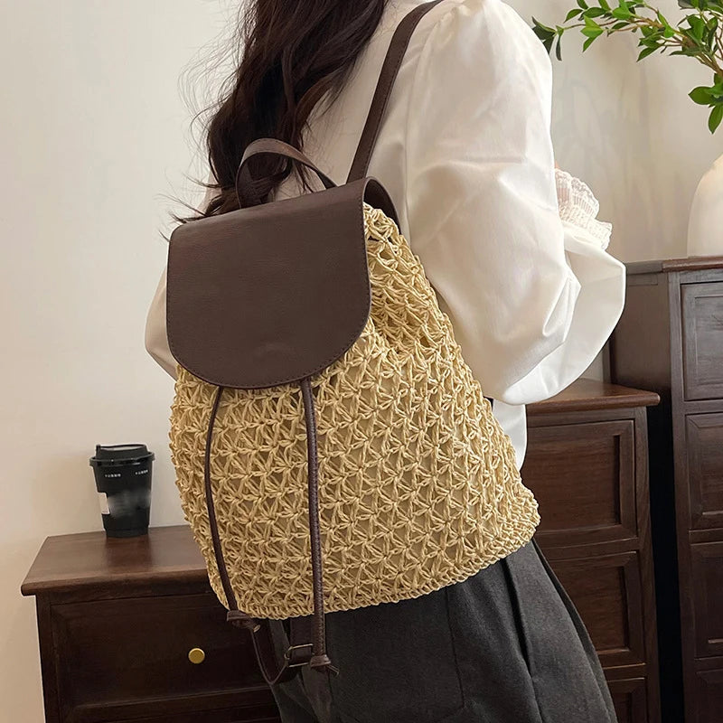 Crochet Straw Backpack Beach Bag