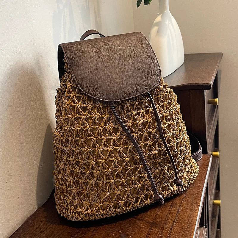 Crochet Straw Backpack Beach Bag