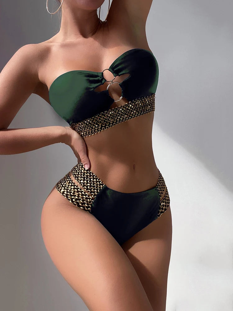 Strapless Belted Bandeau Bikini Set