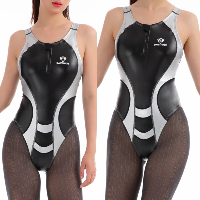 Shiny Zip One Piece Swimsuit
