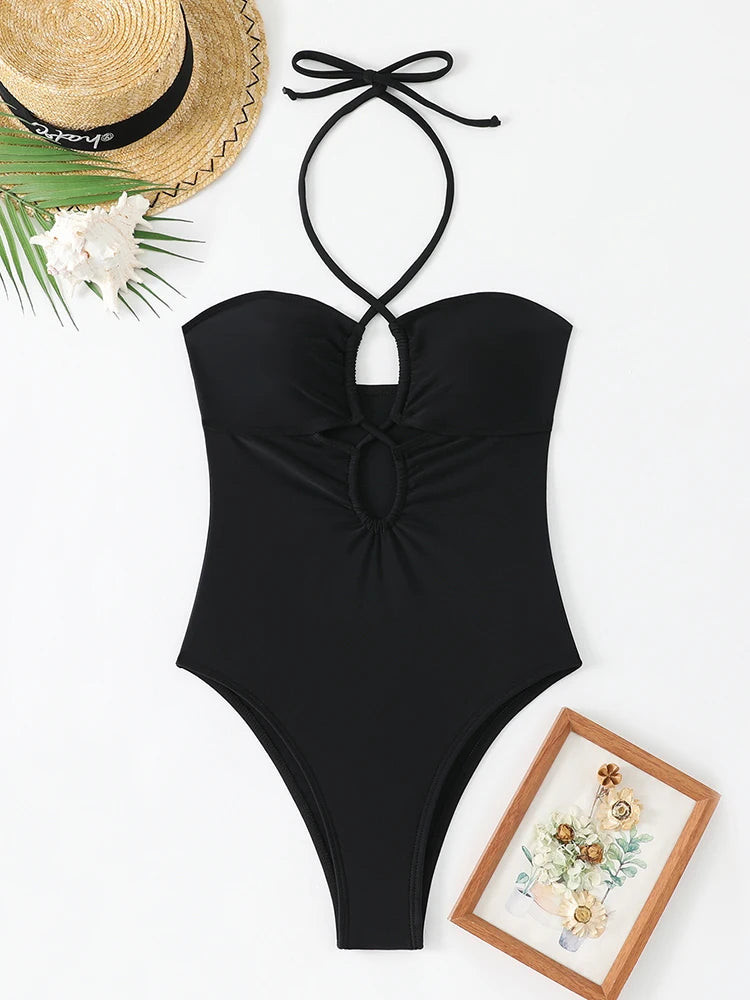 Solid Bandeau One Piece Swimsuit