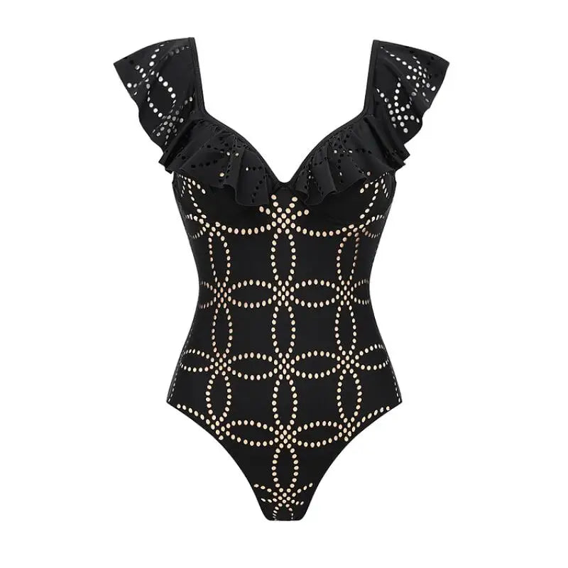 Black Ruffle Swimsuit Skirt Set