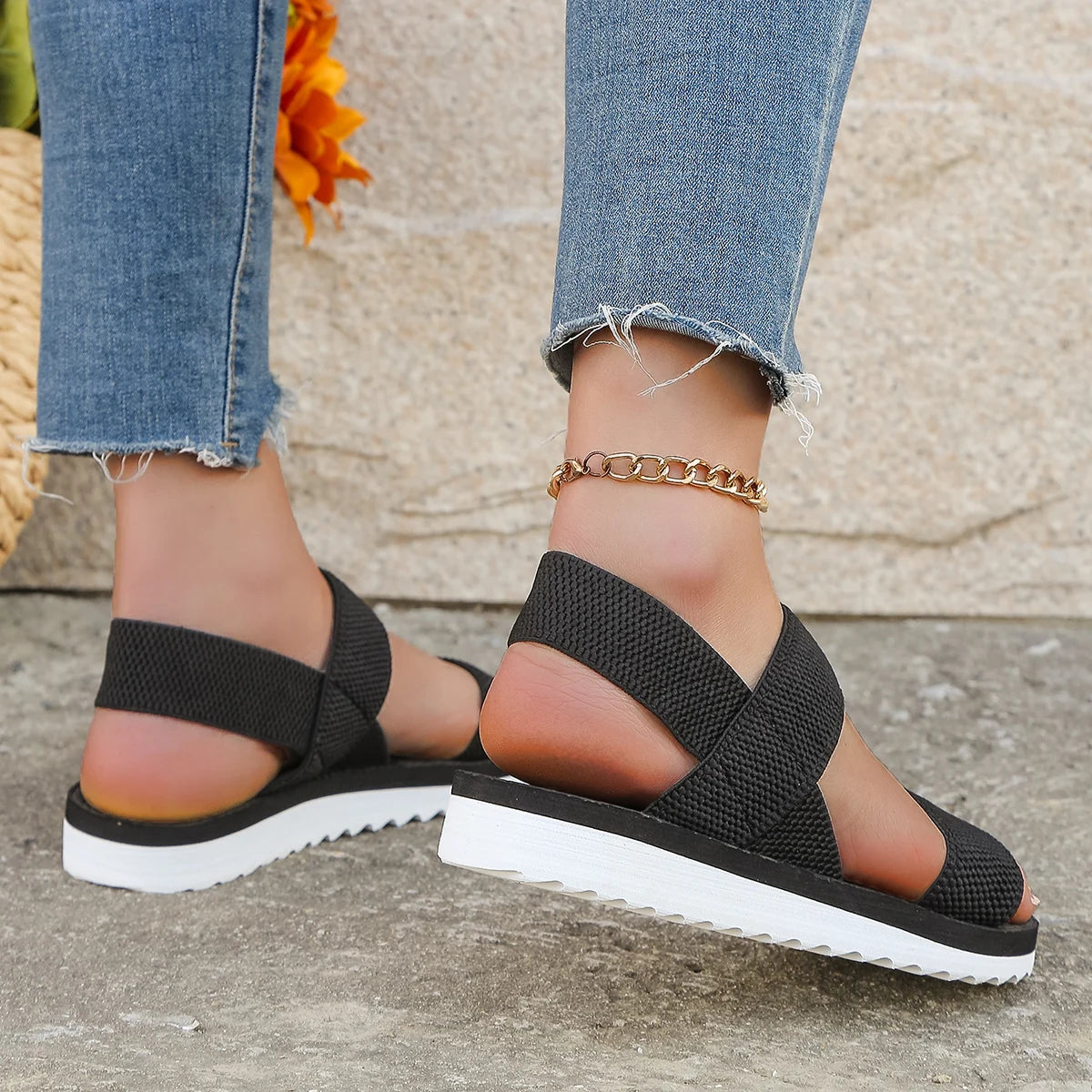 Black Lace Up Flat Sandals