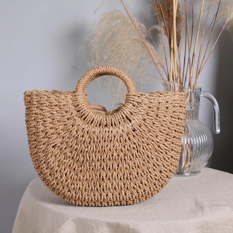 Handmade Straw Moon Beach Bag