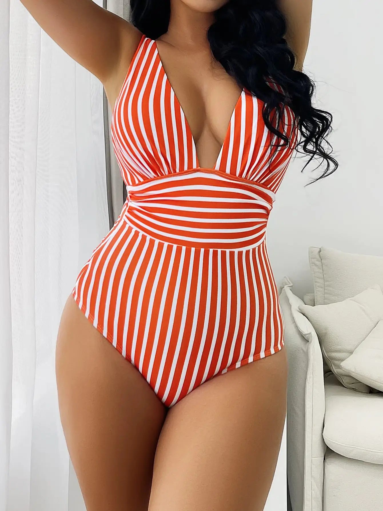 Striped V Neck One Piece