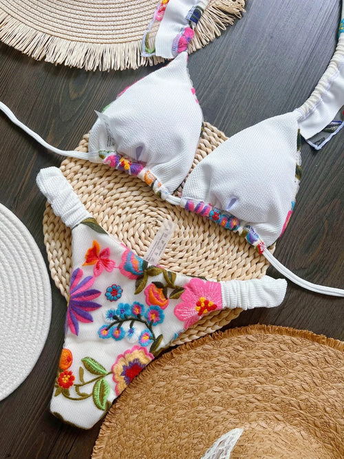 Embroidered Triangle Bikini Set