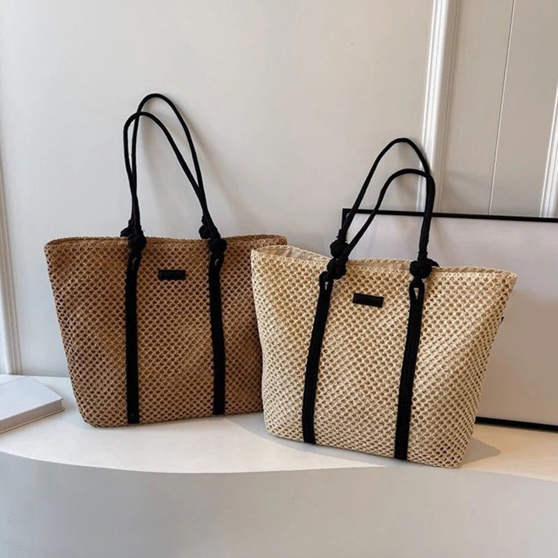 Solid Woven Straw Tote Bag