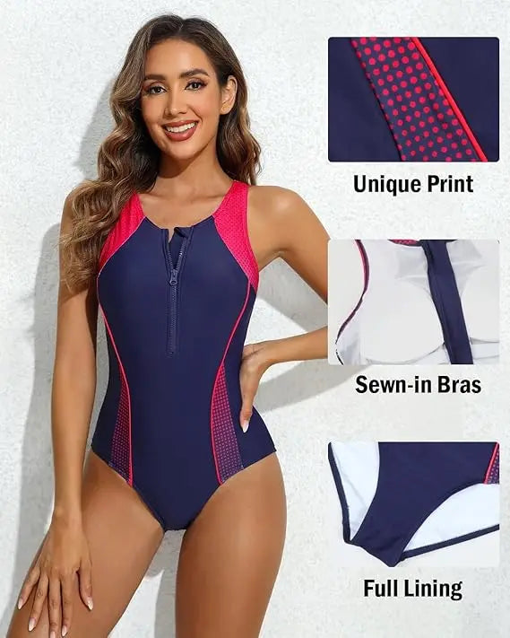 Colorblock Front Zip Sport Swimsuit