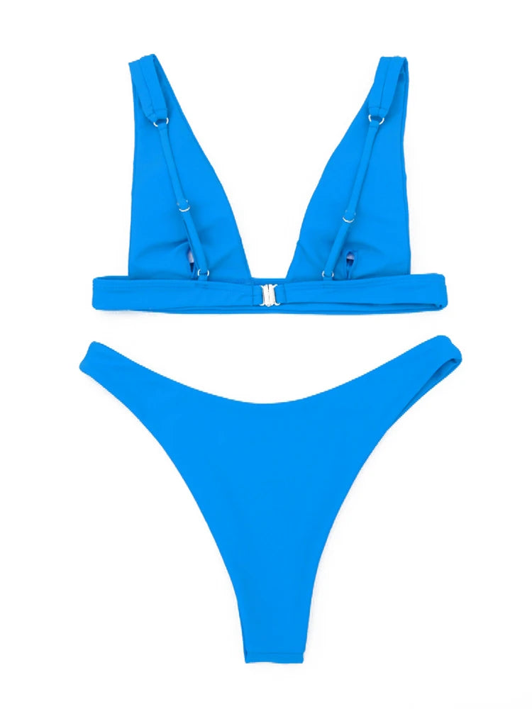 Solid V Neck Bikini Set
