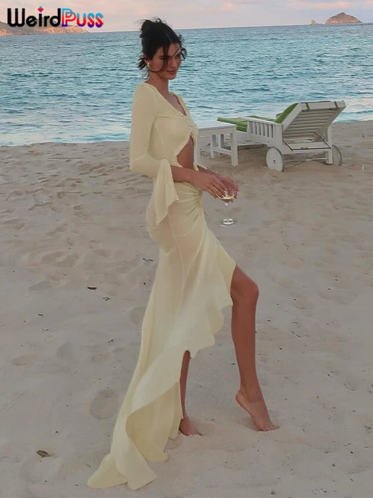 Sheer V Neck Resort Dress