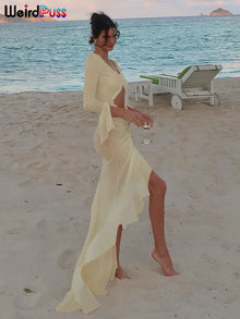 Sheer V Neck Resort Dress