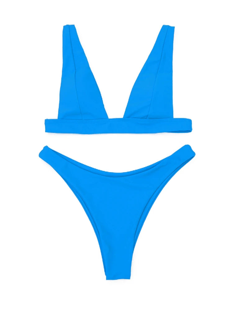 Solid V Neck Bikini Set