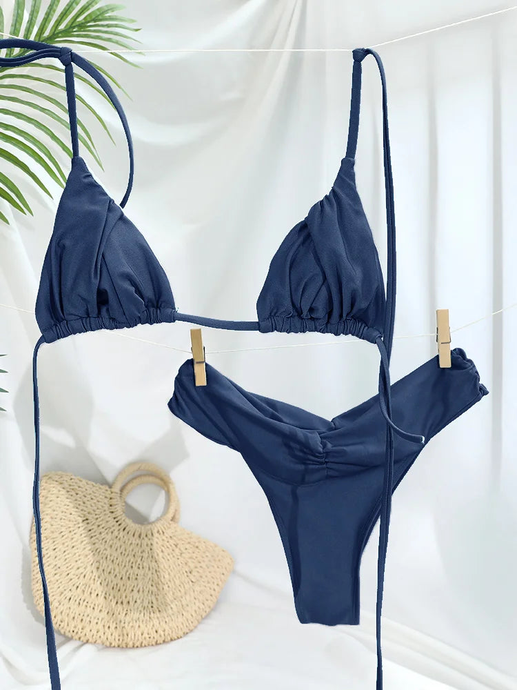 Solid Bandage Triangle Bikini Set