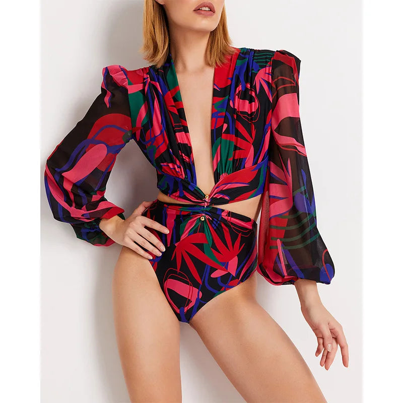 Retro Long Sleeve Floral Swimsuit