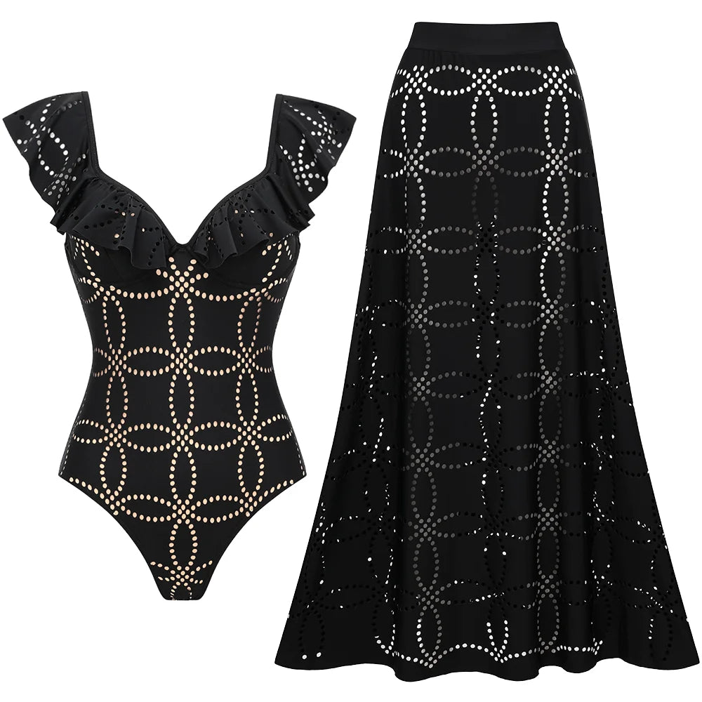 Black Ruffle Swimsuit Skirt Set