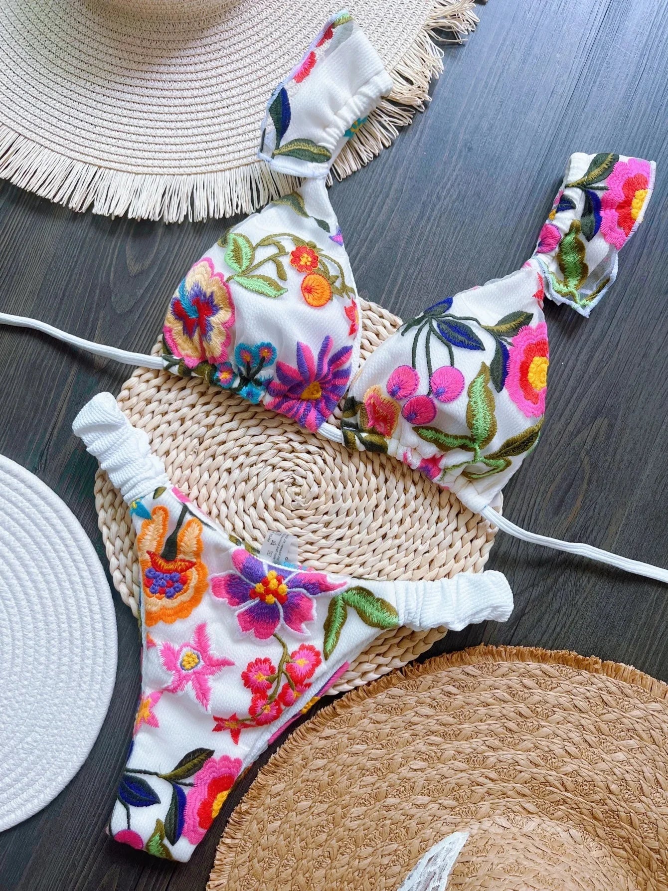 Embroidered Triangle Bikini Set