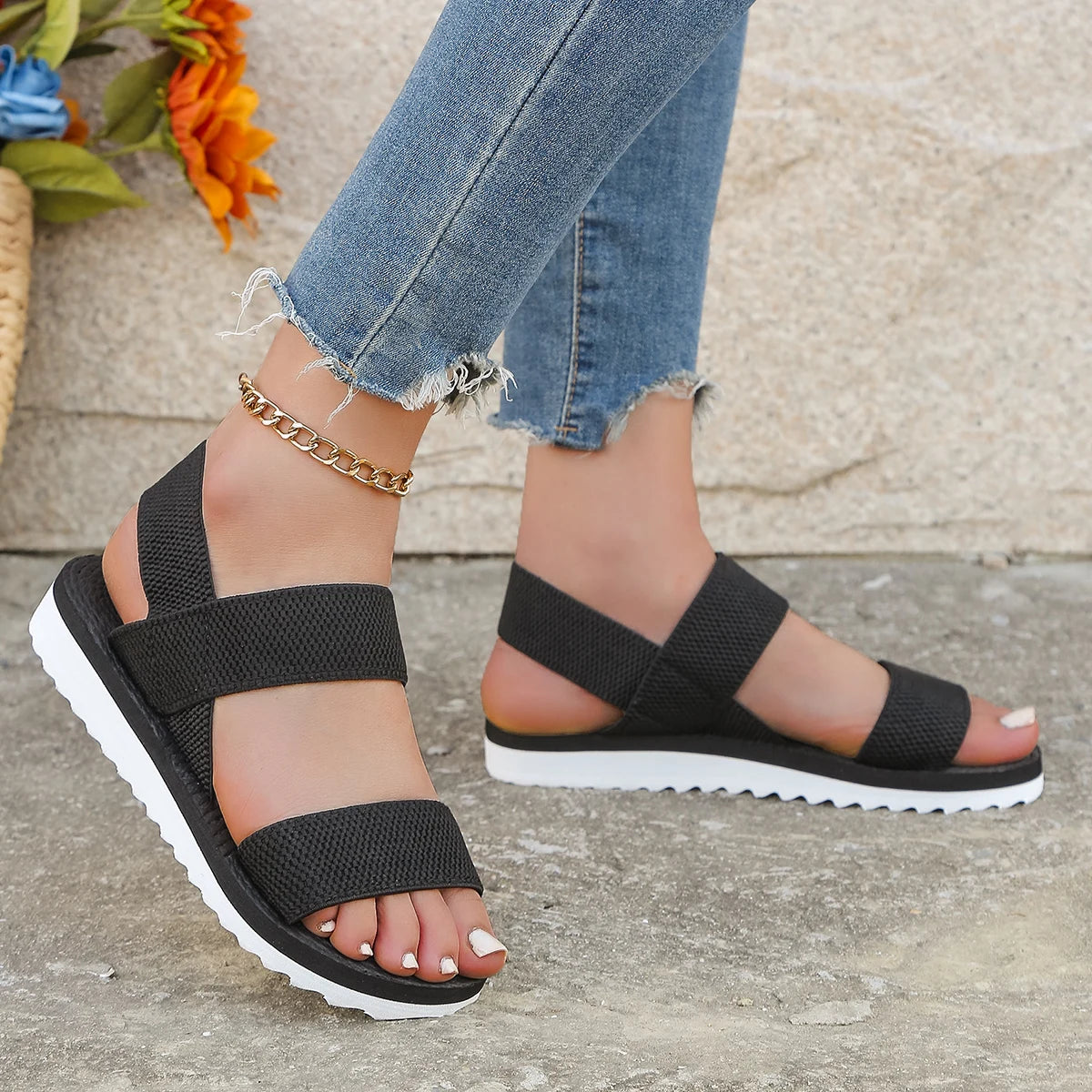Black Lace Up Flat Sandals