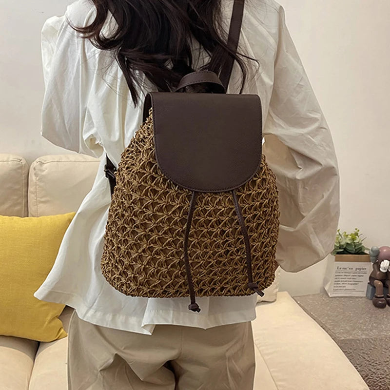 Crochet Straw Backpack Beach Bag
