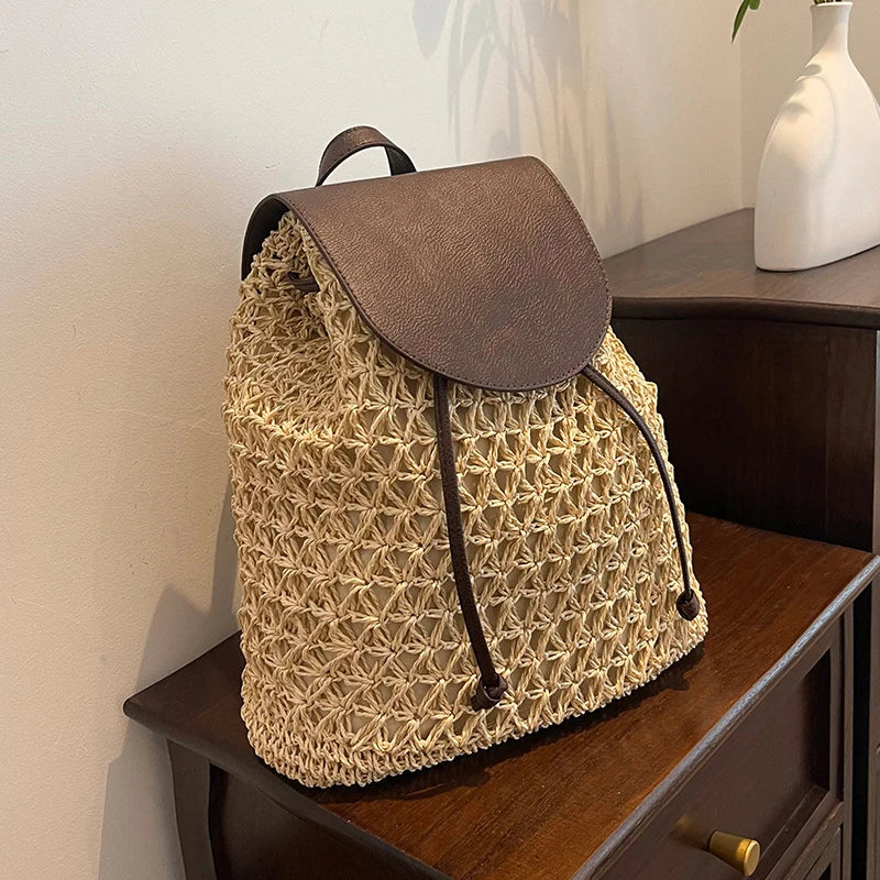 Crochet Straw Backpack Beach Bag