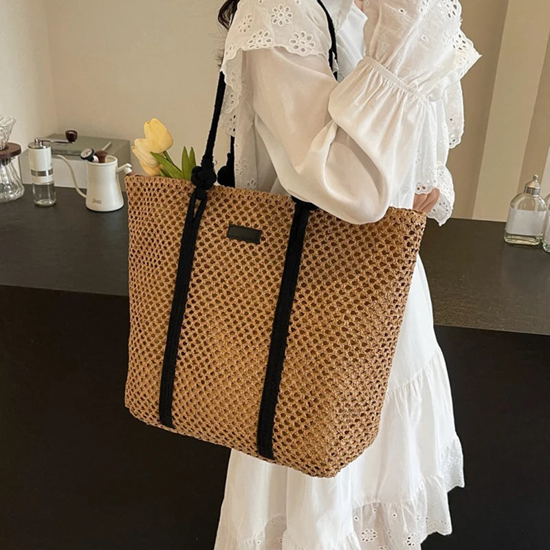 Solid Woven Straw Tote Bag