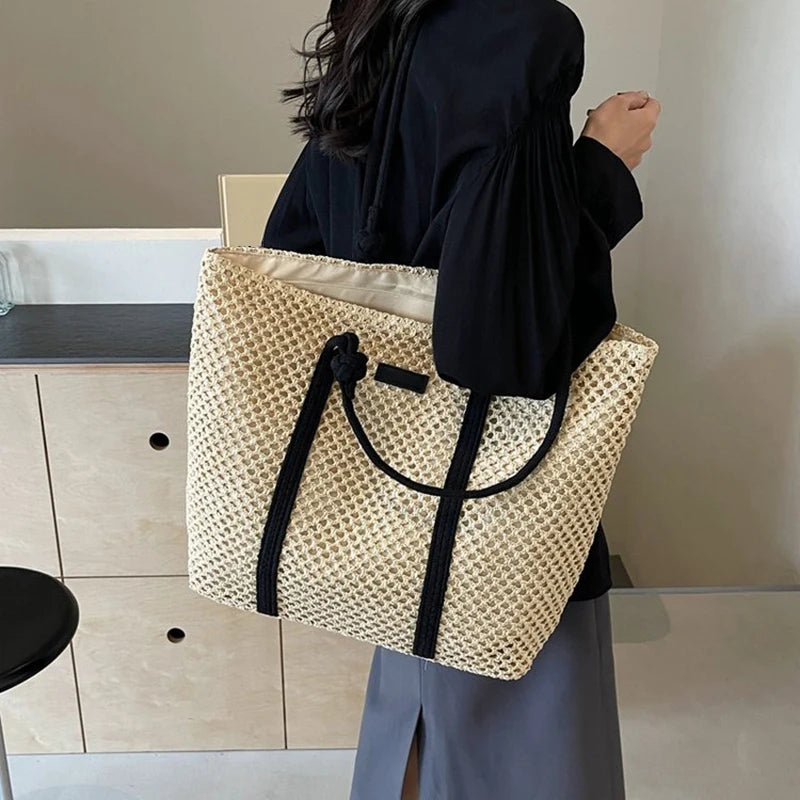 Solid Woven Straw Tote Bag