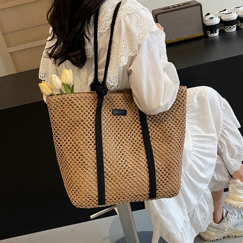 Solid Woven Straw Tote Bag