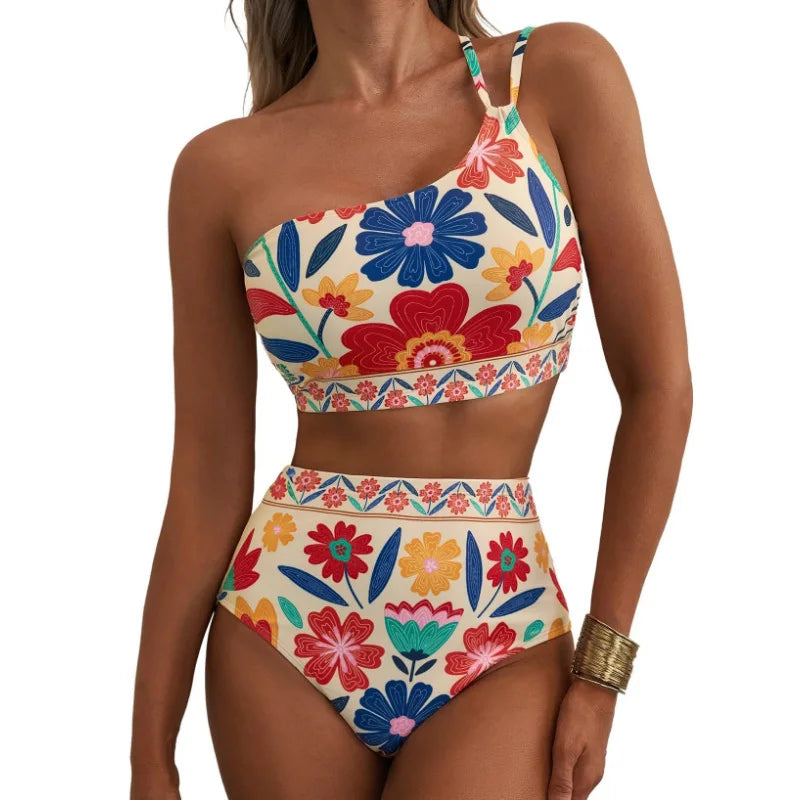 One Shoulder Floral Bikini Set