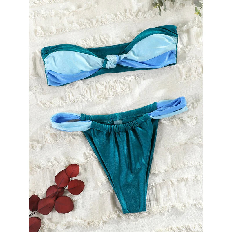 Patchwork Bandeau Bikini Swim Set