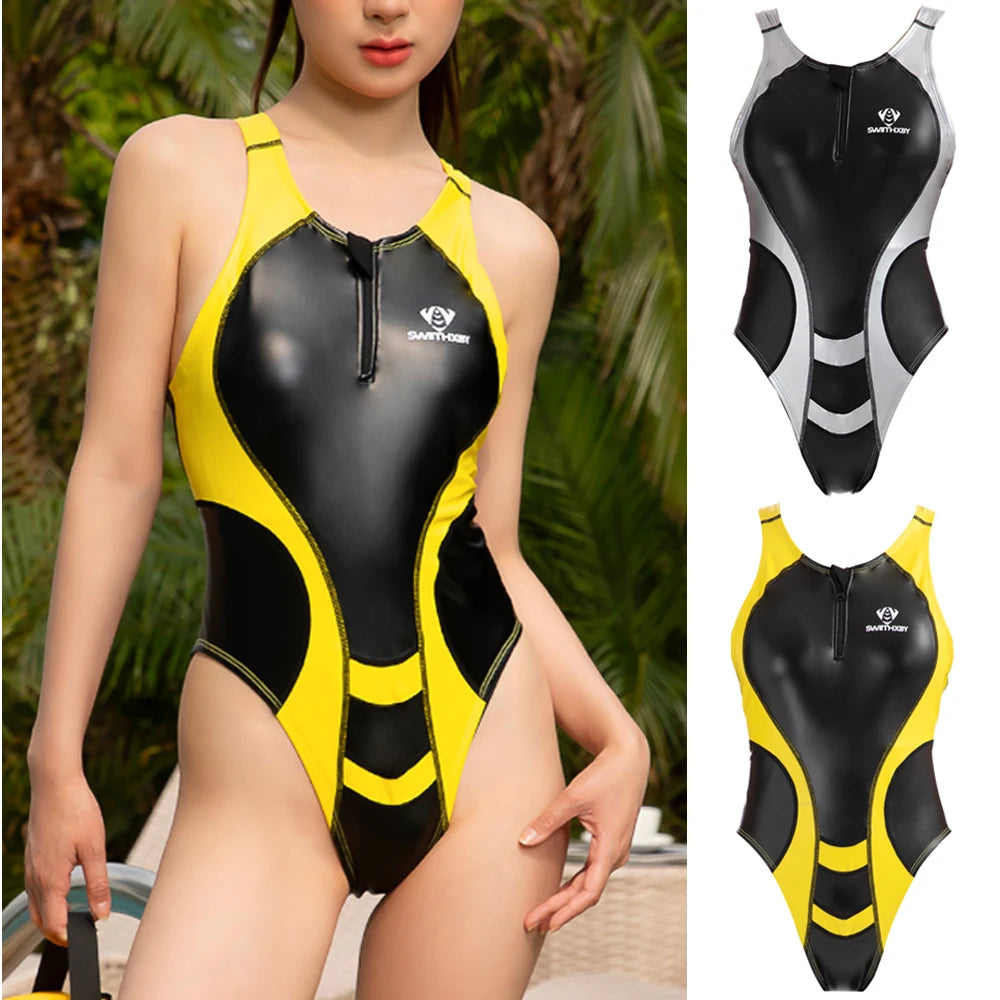 Shiny Zip One Piece Swimsuit