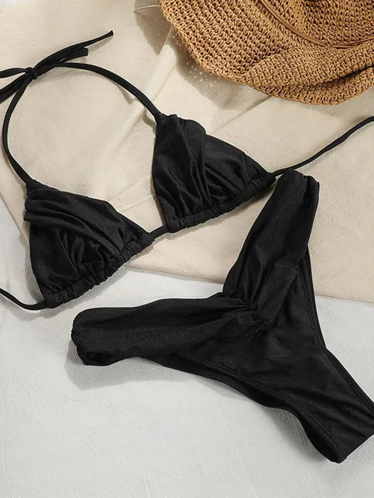 Solid Bandage Triangle Bikini Set