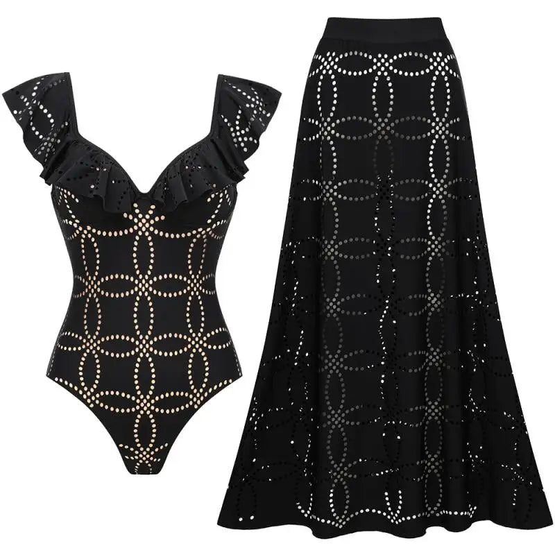Black Ruffle Swimsuit Skirt Set