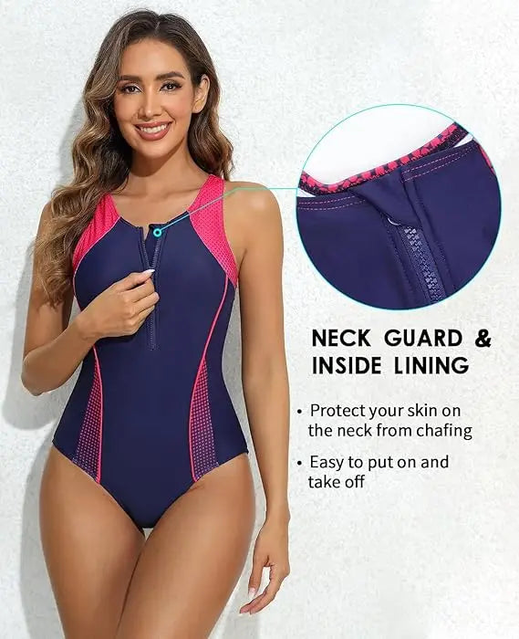 Colorblock Front Zip Sport Swimsuit