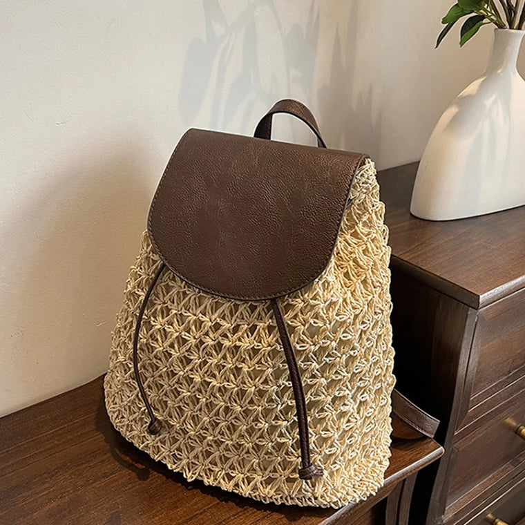 Crochet Straw Backpack Beach Bag