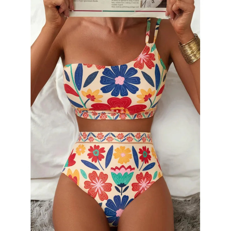 One Shoulder Floral Bikini Set