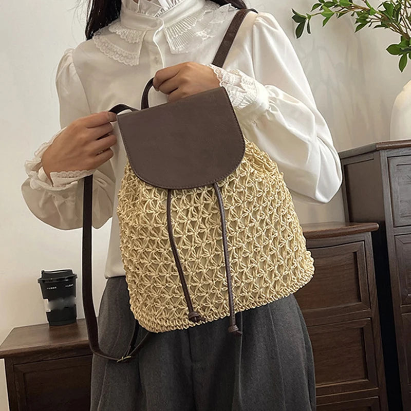Crochet Straw Backpack Beach Bag